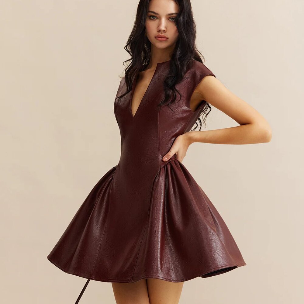 Commense Faux Leather Panel Pleated Dress - Burgundy
